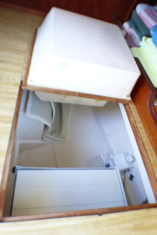 Interior storage compartment of 1984 Catalina 36 Sloop sailboat.