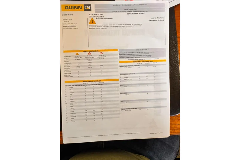 Oil analysis report for 2003 Albin 28 Tournament Express, featuring sample information and wear levels.