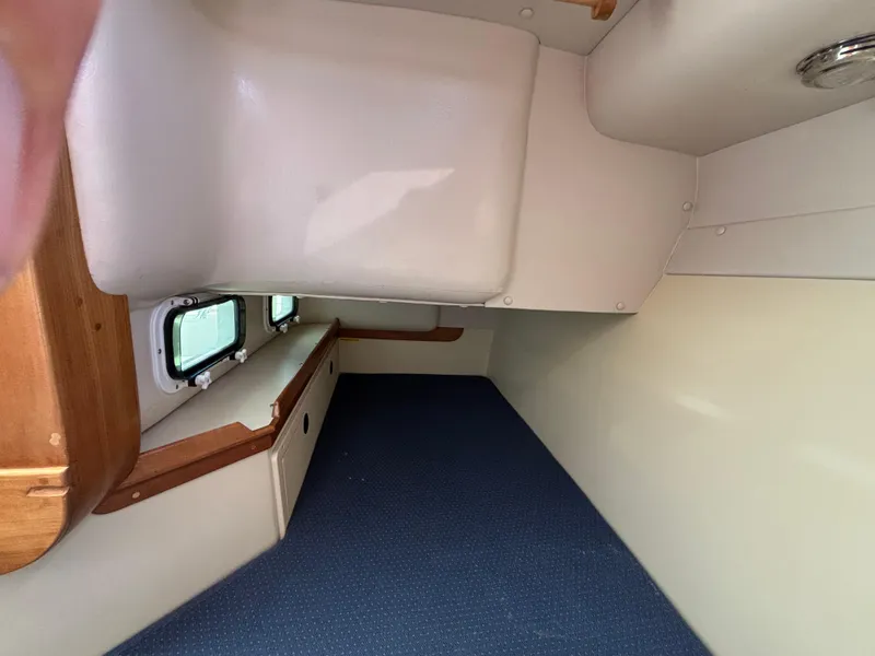 2004 Albin 28 TE cabin interior with blue carpet and wooden accents.