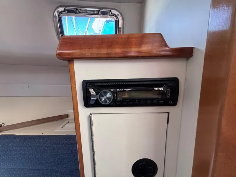 Sony stereo system inside a 2004 Albin 28 TE boat cabin.