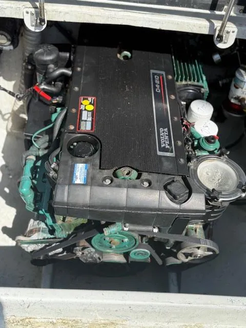 Engine compartment of a 2007 Radon Signature 26 boat, featuring a Volvo Penta engine.