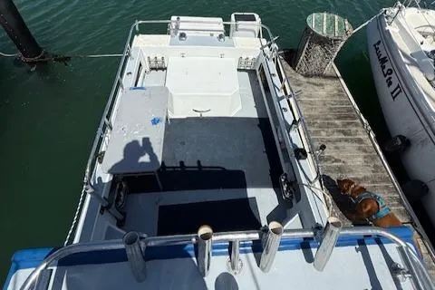 2007 Radon Signature 26 boat docked, viewed from above, with fishing rod holders and a dog on the pier.