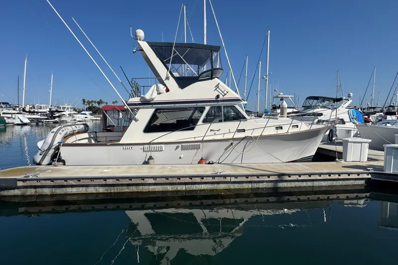 1977 Tollycraft 37 Convertible yacht docked at marina, clear blue sky background.