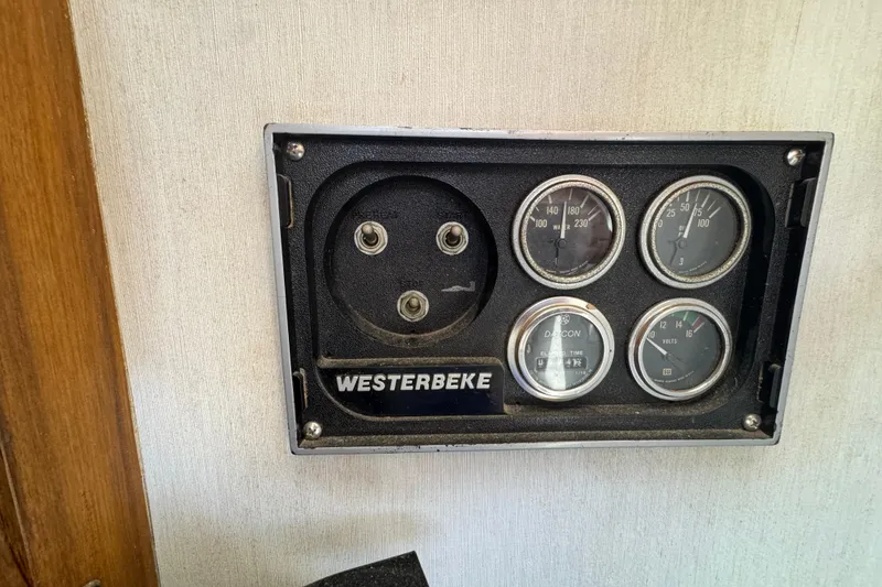 Westerbeke engine control panel on 1977 Tollycraft 37 Convertible boat.