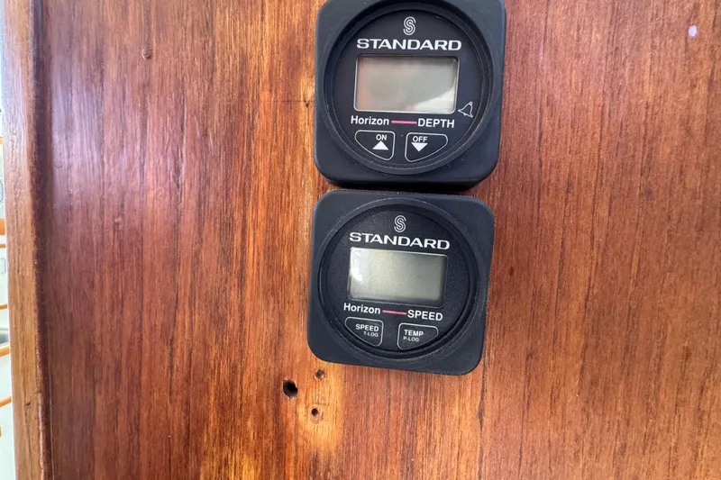 Standard Horizon depth and speed gauges on 1977 Tollycraft 37 Convertible boat.