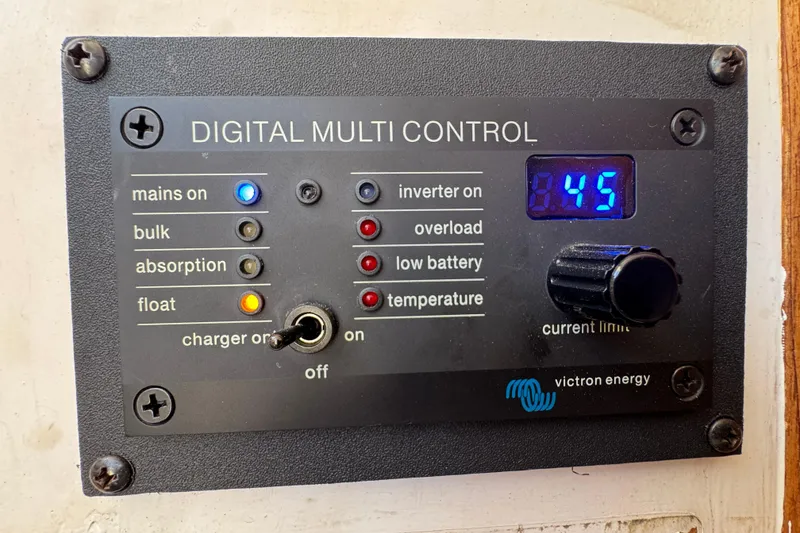 Digital multi control panel on 1977 Tollycraft 37 Convertible boat, displaying various status indicators.