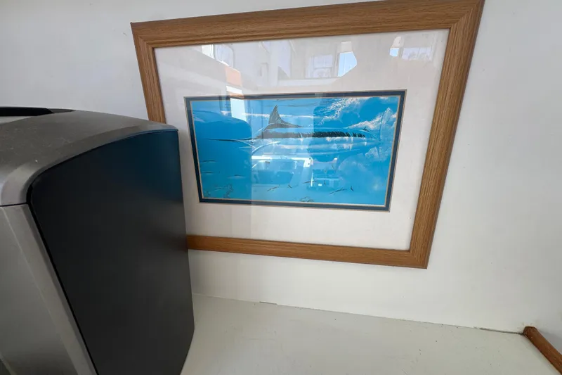 Framed shark artwork beside a modern appliance on a Tollycraft 37 Convertible, 1977.