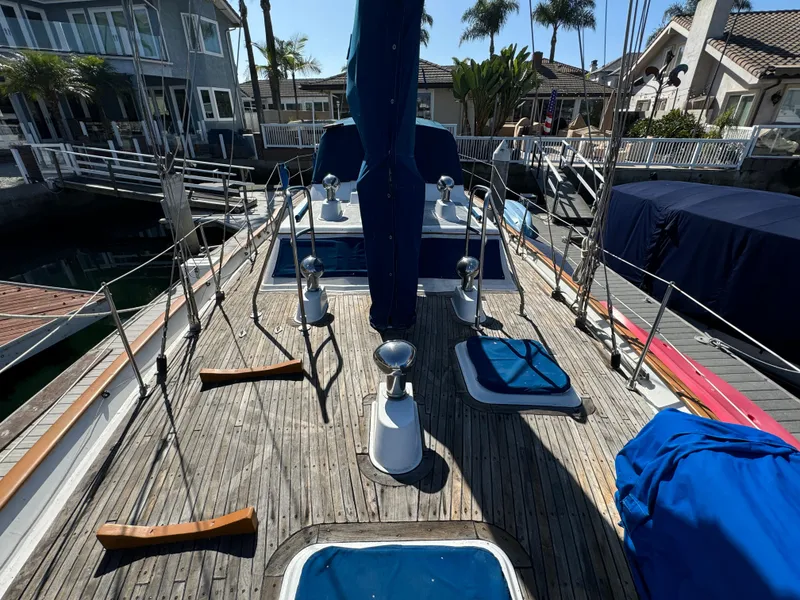 1984 Transpacific Marine Ketch docked, showcasing deck and rigging details.
