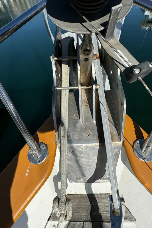 Bow of 1984 Transpacific Marine Ketch with anchor and rigging details.