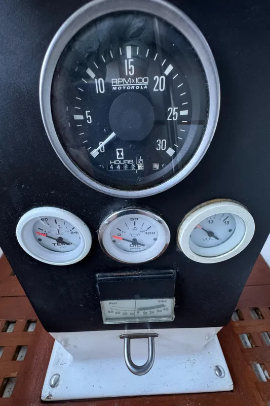 Close-up of 1984 Transpacific Marine Ketch dashboard gauges and dials.