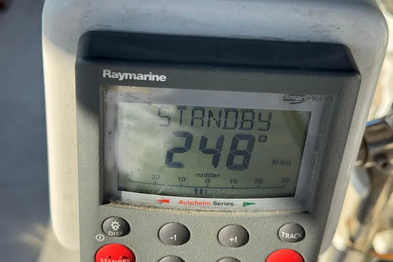 Raymarine SmartPilot display on Catalina 42, 1989, showing standby mode at 248 degrees.