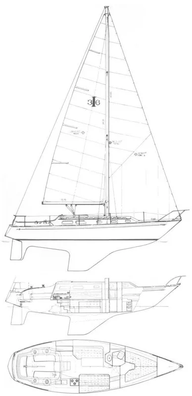 Blueprint of 1978 Islander 36 sailboat, showcasing side, top, and interior views.