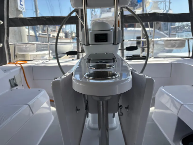 Cockpit view of a 2019 Catalina 385 sailboat with dual steering wheels.