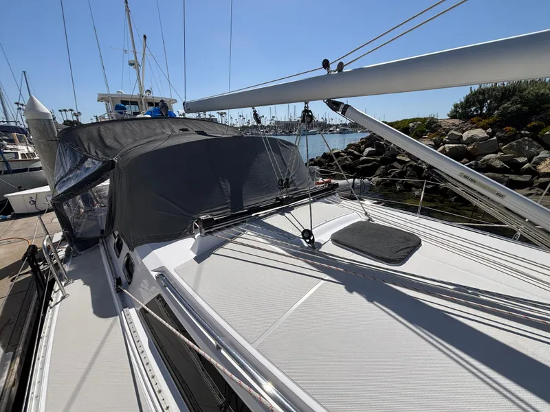 2019 Catalina 385 sailboat docked, featuring sleek deck design and modern rigging.