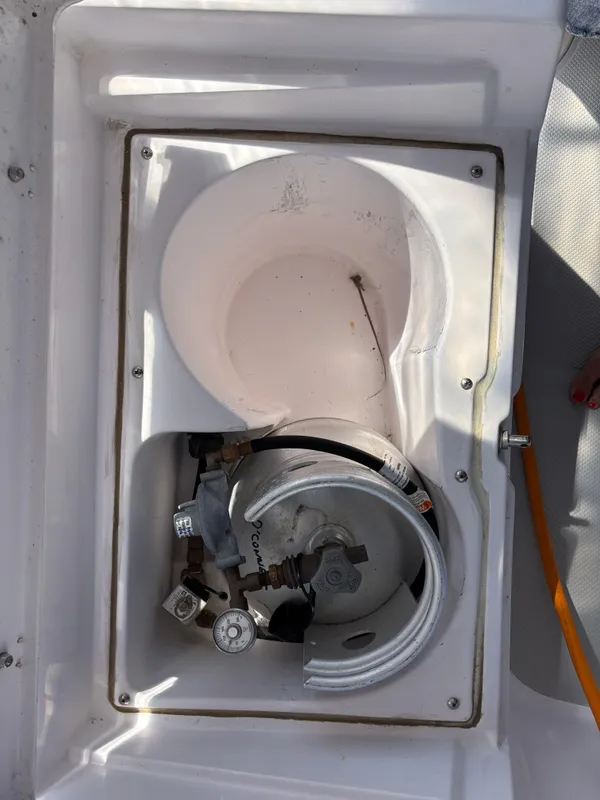 Propane tank compartment on a 2019 Catalina 385 sailboat.
