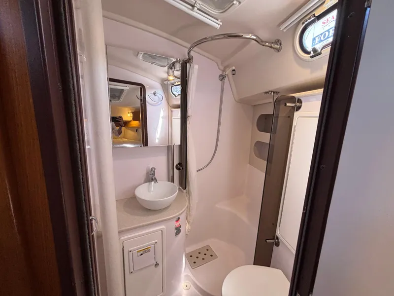 Compact bathroom in a 2019 Catalina 385 yacht with shower, sink, and mirror.