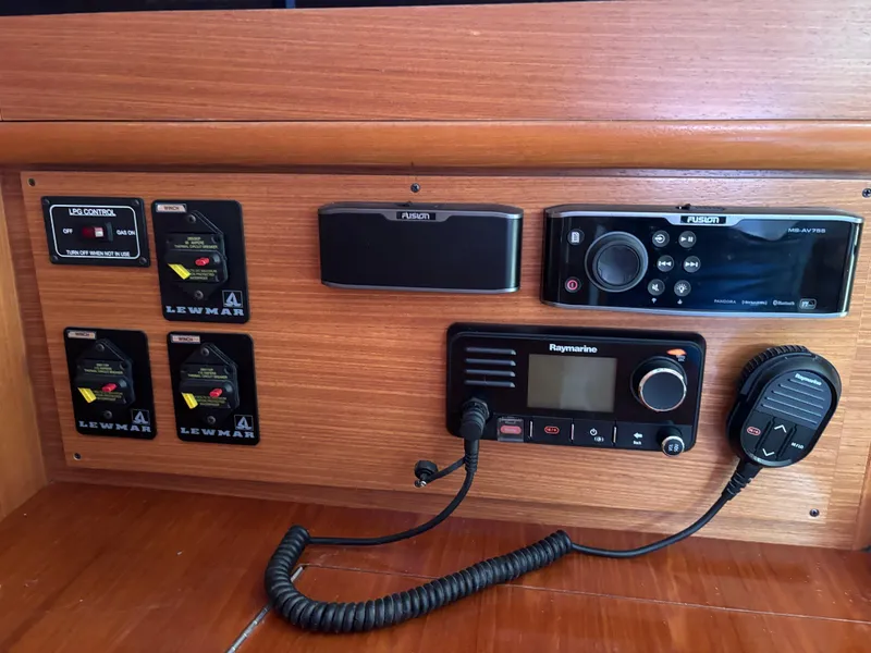 Control panel of a 2019 Catalina 385 sailboat with navigation and communication equipment.