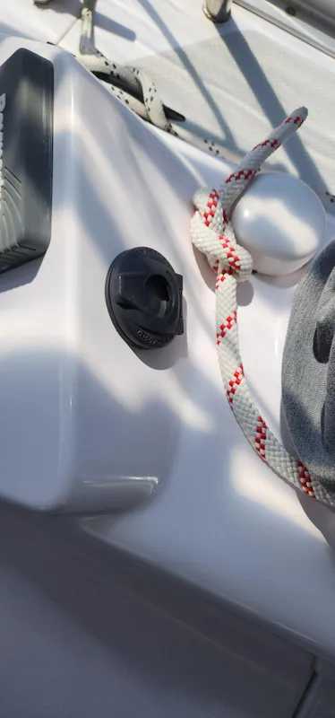 Close-up of 2019 Catalina 385 sailboat deck with rope and fittings.