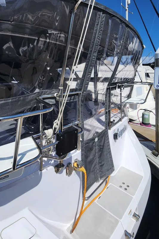 2019 Catalina 385 sailboat docked, featuring sleek design and modern fittings.