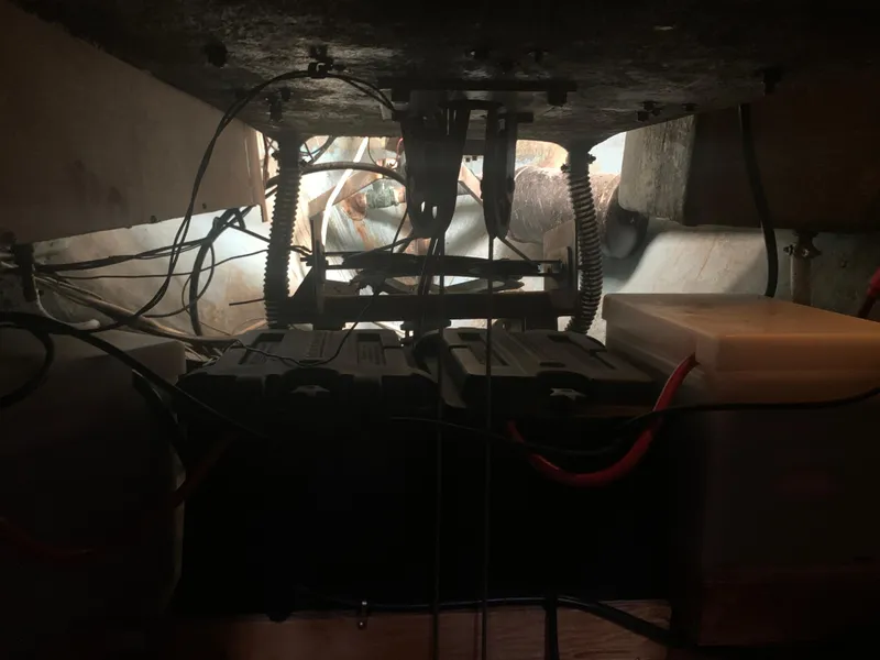 1980 Tayana Pilot House interior showing battery compartment and wiring.
