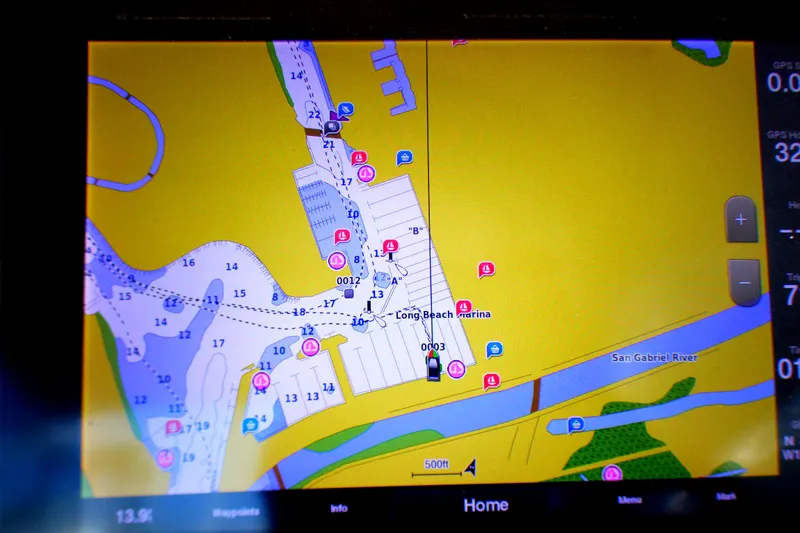 Navigation screen displaying Long Beach Marina map on a 2003 Formula 37 PC boat.
