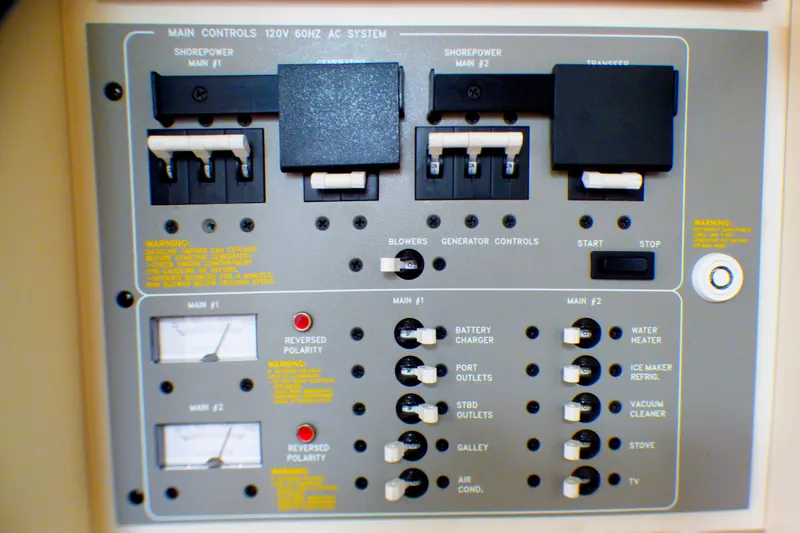 Control panel of a 2003 Formula 37 PC boat, featuring various switches and indicators.