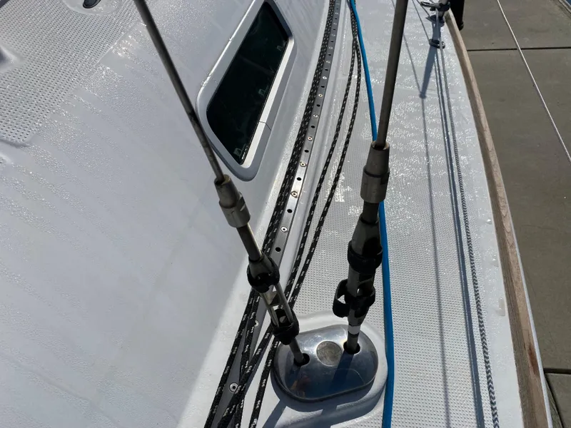 Close-up of 2004 Beneteau 36.7 sailboat deck and rigging.