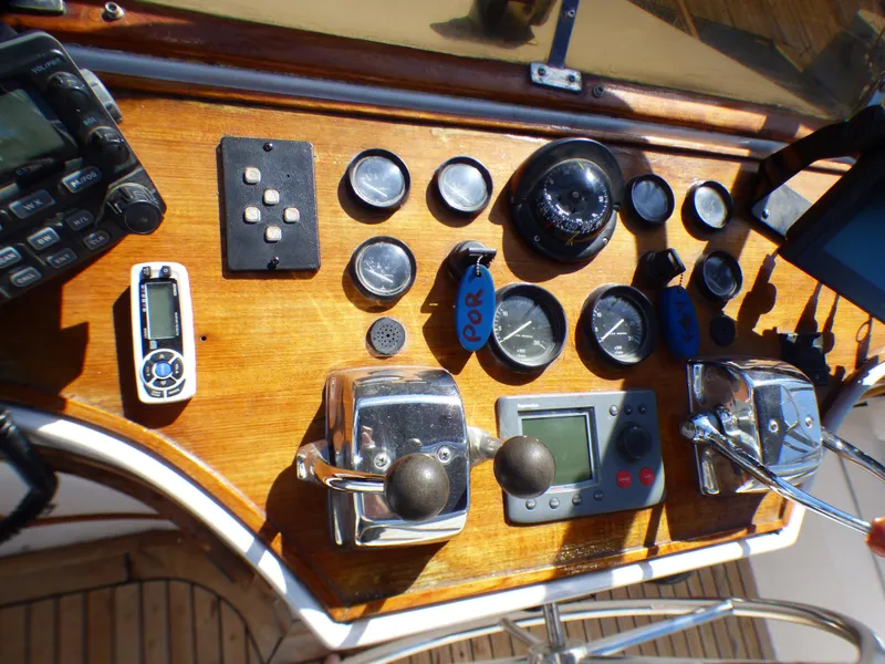 Control panel of a 1984 Spindrift 39 ft. Aft Cabin Twin Diesel boat.