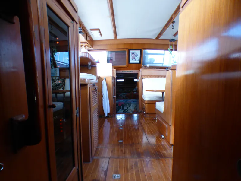 1984 Spindrift 39 ft. Aft Cabin interior with polished wood and cozy seating.