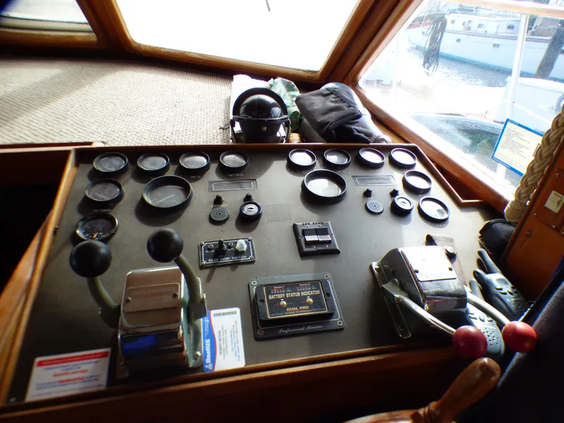 Control panel of a 1984 Spindrift 39 ft. Aft Cabin Twin Diesel boat.