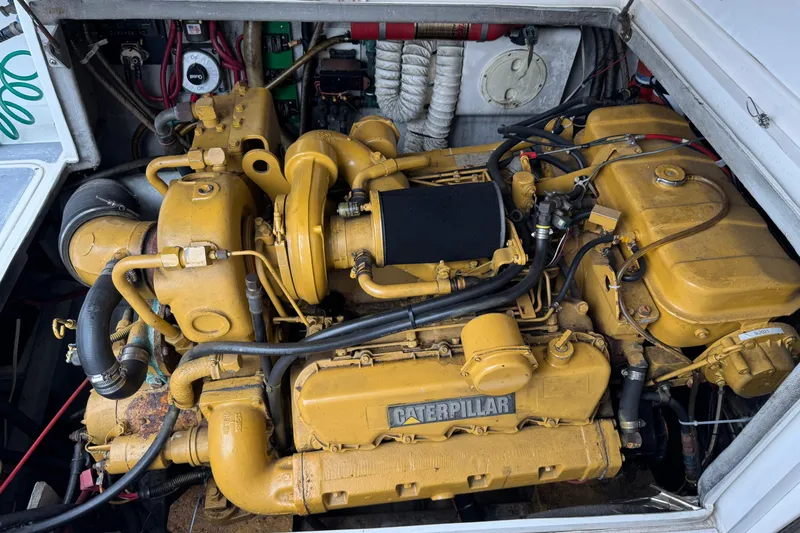 Caterpillar engine in a 1993 Blackfin Sportfisher boat, detailed view.