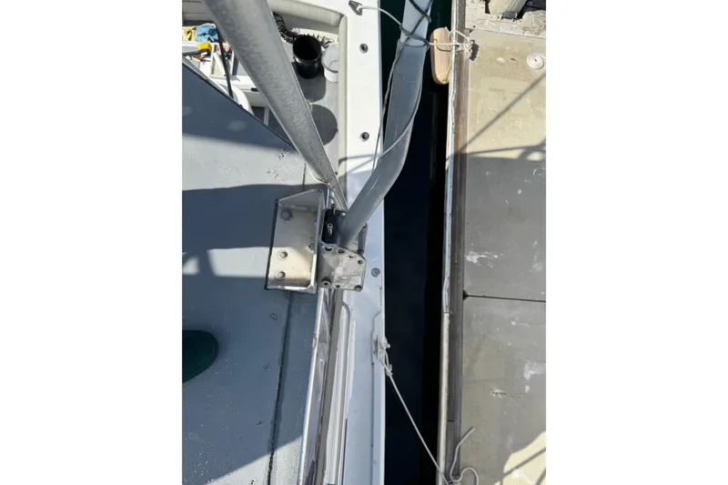 Overhead view of 1993 Blackfin Sportfisher boat deck and dock connection.