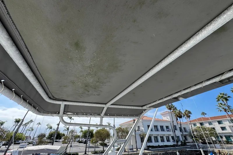 1993 Blackfin Sportfisher boat canopy with visible wear, docked near palm trees and buildings.