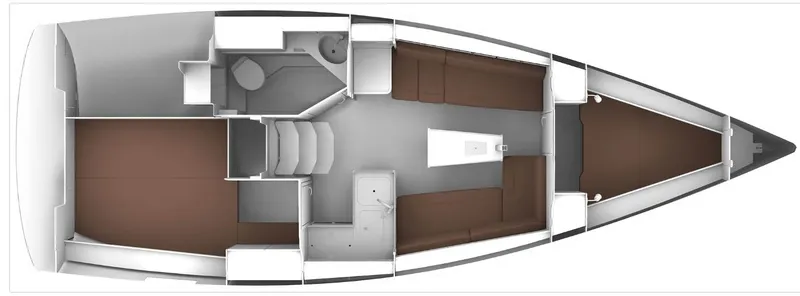Top view layout of 2020 Bavaria Cruiser 34 sailboat interior.