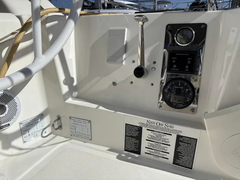 Control panel of a 2020 Bavaria Cruiser 34 sailboat, featuring navigation instruments and controls.