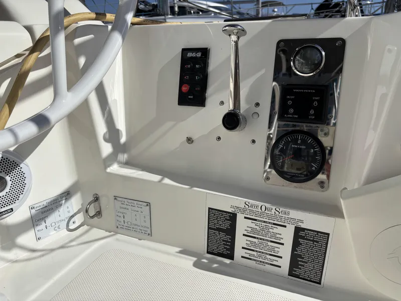 Control panel of a 2020 Bavaria Cruiser 34 sailboat, featuring navigation instruments and controls.