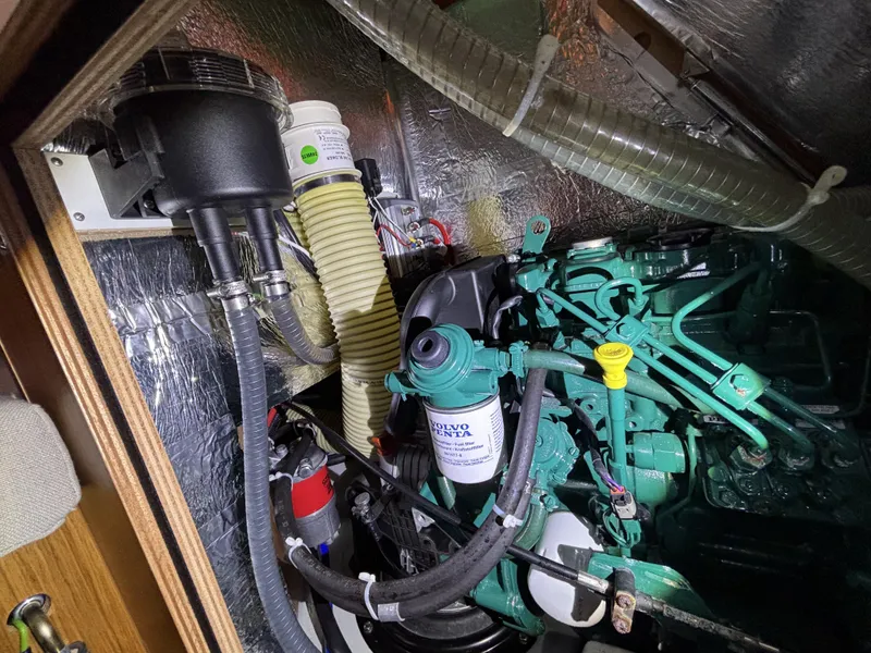 Engine compartment of a 2020 Bavaria Cruiser 34 sailboat, featuring a Volvo Penta engine.