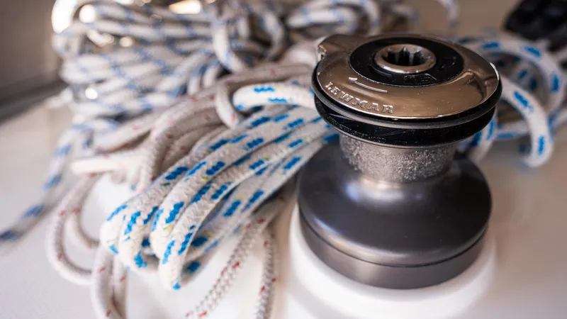 Winch and ropes on a 2020 Bavaria Cruiser 34 sailboat deck.