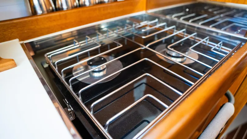 Gas stove in 2020 Bavaria Cruiser 34 yacht kitchen.
