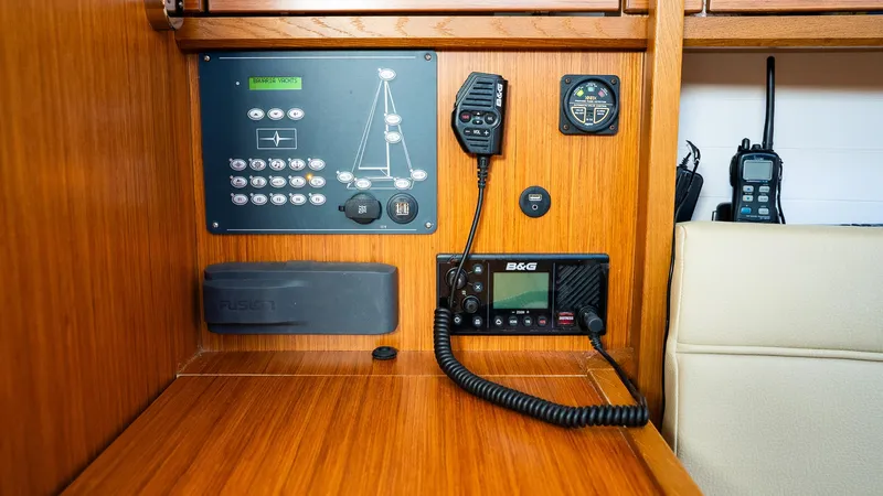 Control panel of 2020 Bavaria Cruiser 34 yacht with communication equipment.