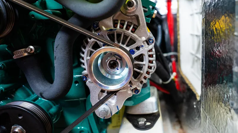 Engine detail of a 2020 Bavaria Cruiser 34 sailboat, showcasing mechanical components.
