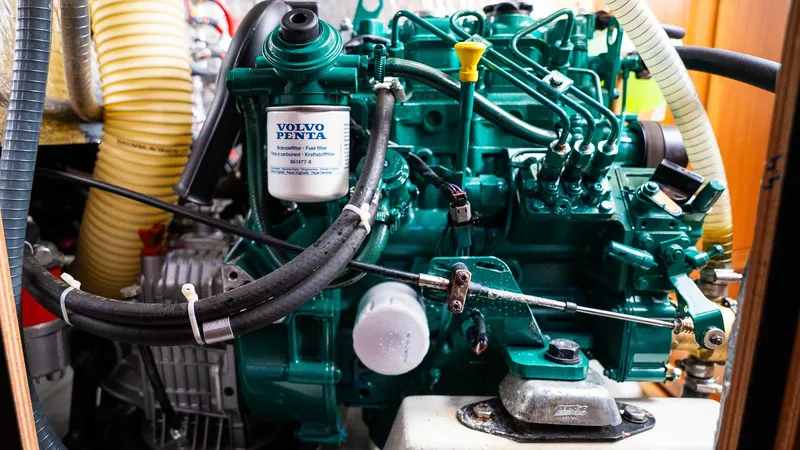 Engine compartment of a 2020 Bavaria Cruiser 34 sailboat with Volvo Penta engine.