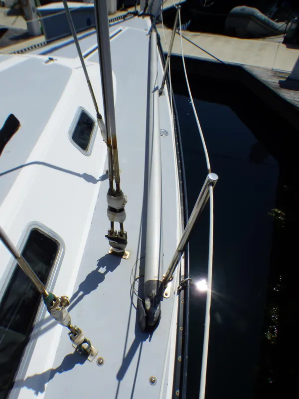 1982 Catalina 38 sailboat deck with rigging and railing details.