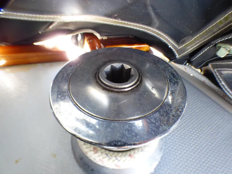 Winch on 1982 Catalina 38 sailboat, close-up view.