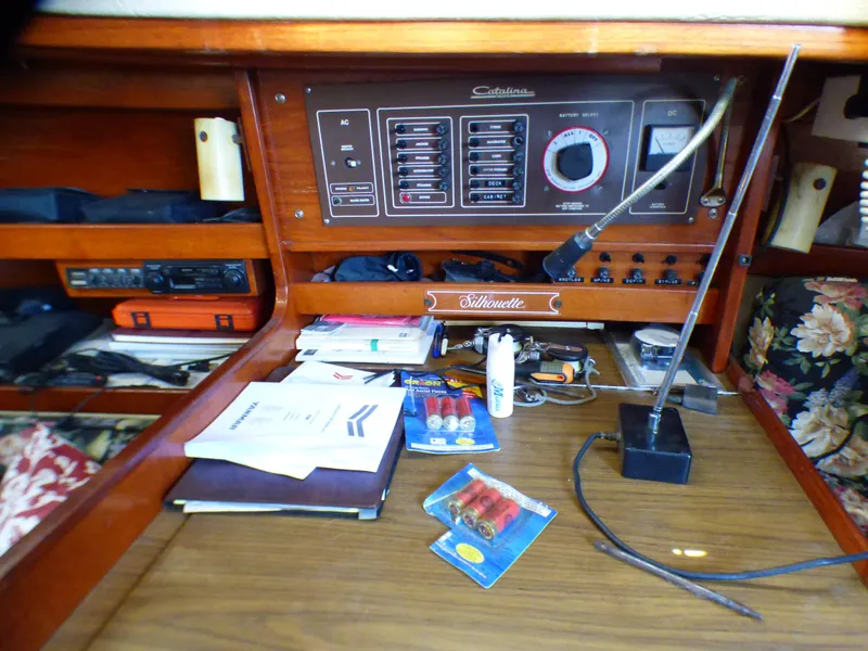 Control panel and navigation area inside a 1982 Catalina 38 sailboat.