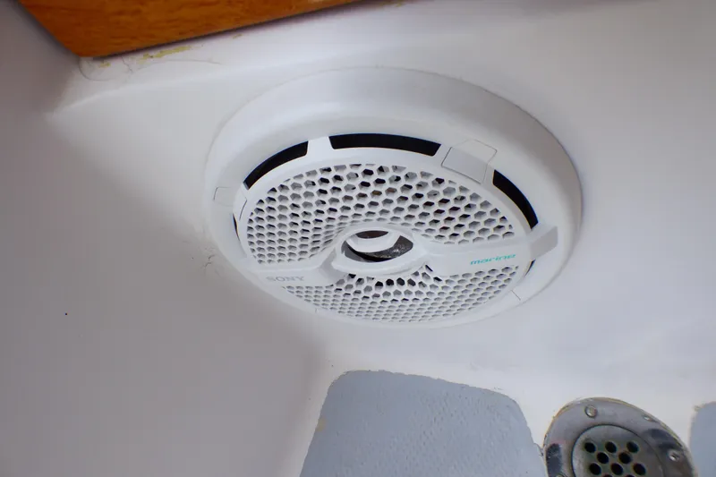 Speaker installed on 1982 Catalina 38 boat, featuring a white grille design.