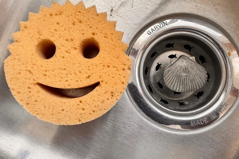 Smiley face sponge beside a Garvin sink drain with fish-shaped holes.