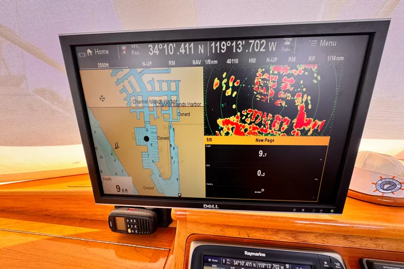 Boat navigation screen showing Channel Islands Harbor map and radar, Roughwater 41, 1978.