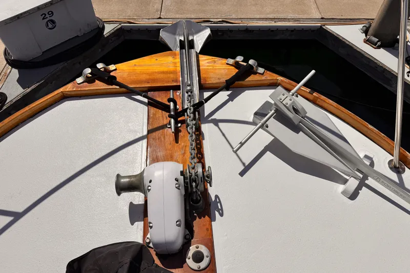 Deck of 1978 Roughwater 41 boat with anchor and winch system.