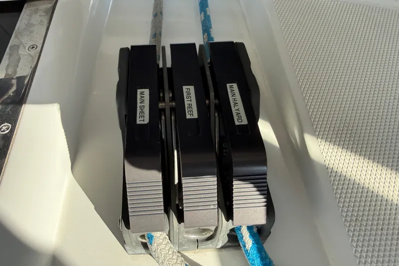 Close-up of rope clutches on a 1999 Hunter Passage 420 sailboat.